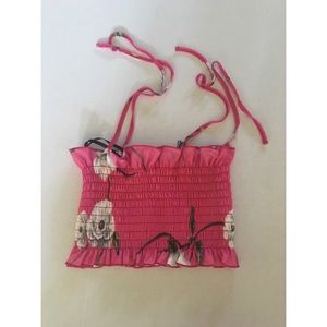 NWOT Pink floral printed shirred crop top